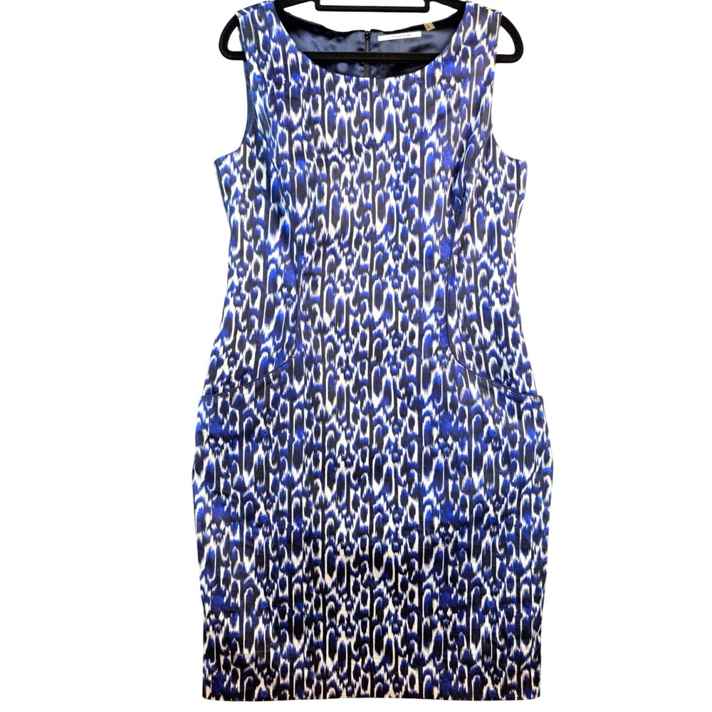 T Tahari Womens Blue White Ikat Animal Print Sheath Dress Pockets Size 8